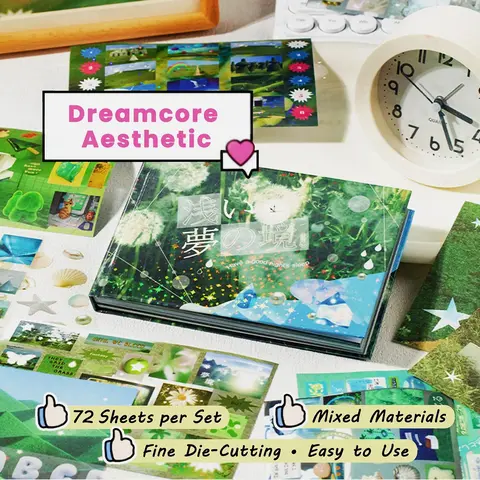 72 Sheets Mixed Media Aesthetic Sticker Book (Single/Bundle) – Large Dreamcore & Kawaii Arcade Decals (PET, Writable, Holographic Star) for Junk Journal #Summervibes Journaling