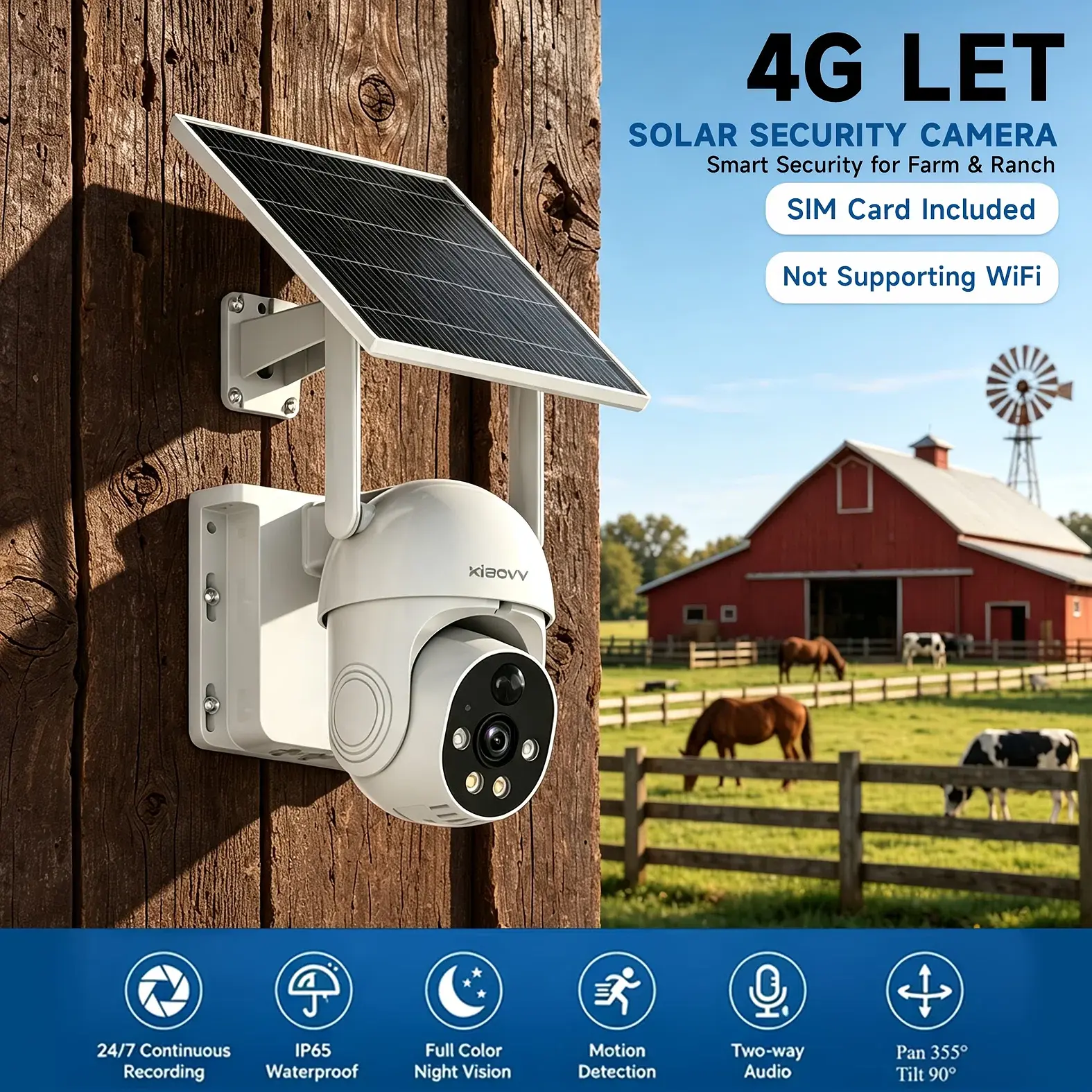 XIAOVV 4G LTE Cellular Security Camera Solar with SIM Card Outdoor No Wifi Security Camera with Solar Panel 4MP PTZ Monitoring System Color Night Vision, Two-Way Audio, PIR Motion Detection Suitable for Smart Home, Business