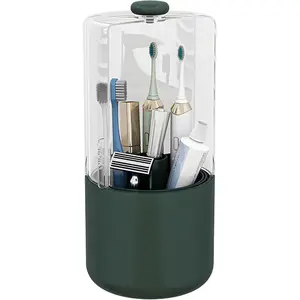 Toothbrush Holder with Cover 360 Rotating 4 Compartments Bathroom Toothpaste Electric Toothbrush Organizer, Dark Green