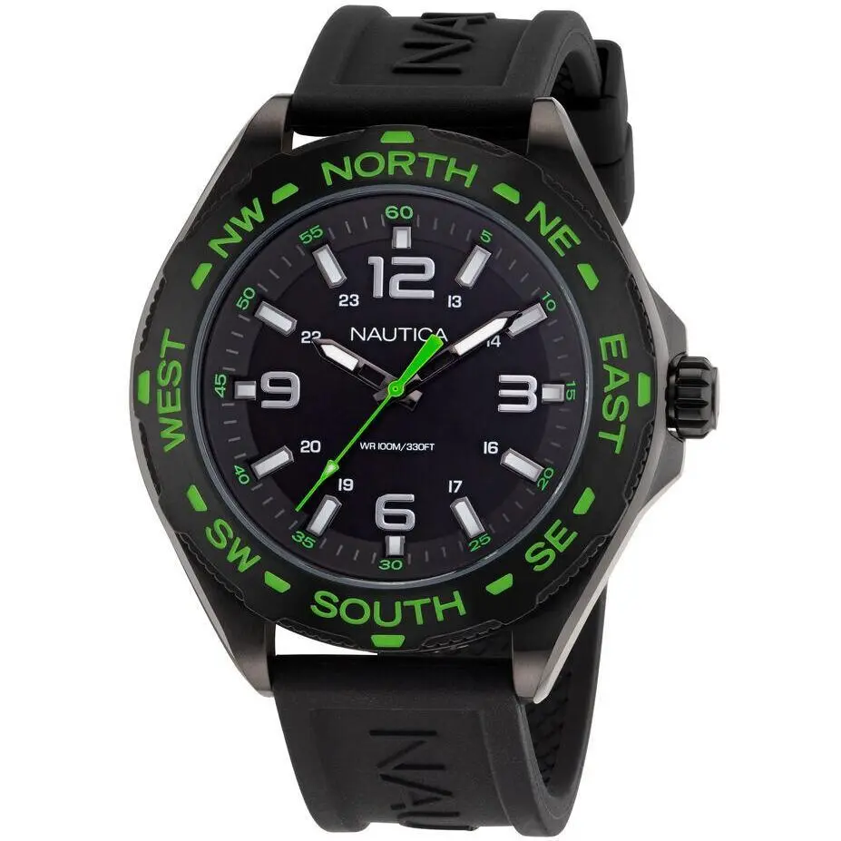 Nautica Clearwater Beach Men's Black Silicone Waterproof Analog Quartz Watch - Casual Round Dial, Round Face, Recycled Steel Case, Model NAPCWS303
