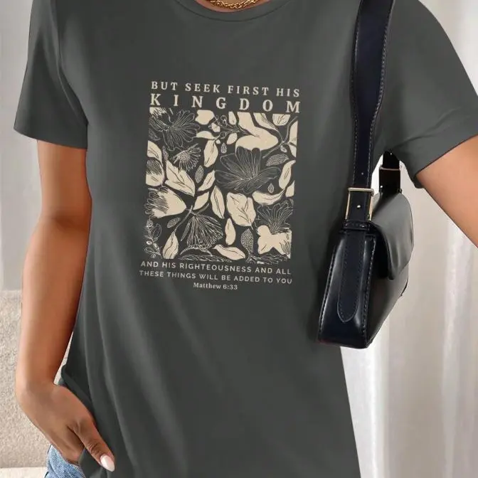 Women's Fashion Graphic Cotton T-Shirt - Solid, Comfortable, Short Sleeve, Round Neck, Vintage Floral & Letter Print, Micro Elastic, Breathable, All-Season Casual Tops, Unisex Shared Style Wear, Crisp Print Fabric,sohochic