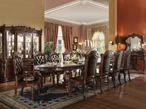 Acme 62000-03-04 A&J Homes Studio Vendome II Cherry Finish Wood Double Pedestal Formal Dining Room Set 136" with Leather Like Vinyl Upholstered Chairs and Decorative Carved Tops