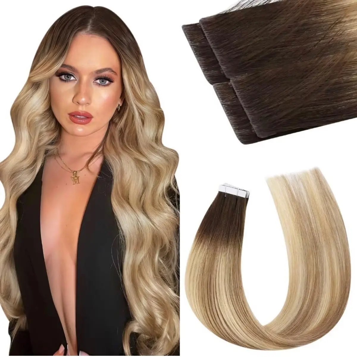 Dark Brown Rooted Multi Blonde Injection Invisible Tape ins