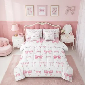 Kawaii Bowknot Comforter Bed Set,7 Pieces,Ribbon Bow Bed Bag,Bow Tie Bedding Set with Comforterssheets,Pillowcases  Pink Bedroom Decor Bed Set