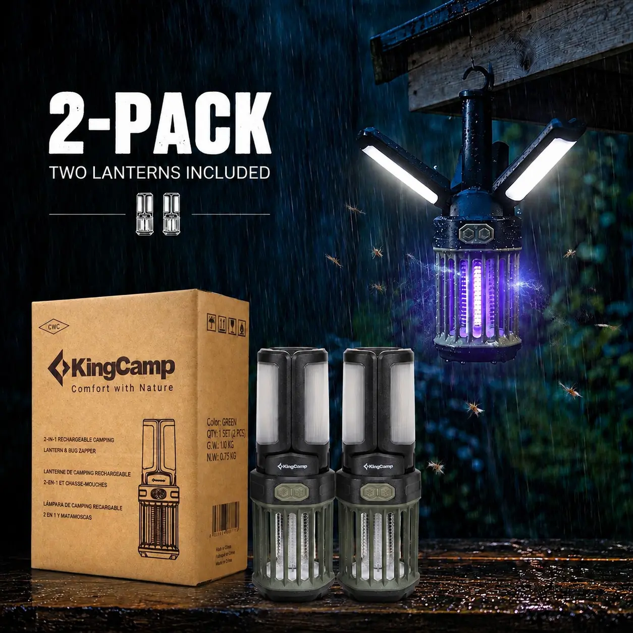 KingCamp 2-in-1 Rechargeable Camping Lantern-Bug Zapper, LED Tent Light with UV Mosquito Killer, 900V Electric Grid, 360° Full Coverage Protection, USB-C Rechargeable Flashlight, Camping Equipment (Batteries Included, 6-Month Support) for Patio & Backyard