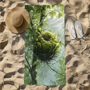 1 piece Bird's nest on green canopy natural ecological landscape themed beach towel - All-season comfortable blanket with modern design, suitable for sofas and beds, digitally printed pattern, flannel material, super soft and warm, machine