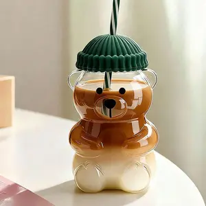 Cute Bear Glass Cup, Adorable Bear Coffee Mug, Exquisite & Creative Design, with Lid & Straw, Perfect for Home, Restaurant, Cafe, Office