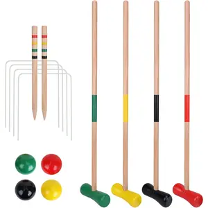 4 Players Croquet Set with Wooden Balls for Adults & Kids - Summer Outdoor Games for School Field Day Lawn Backyard Activity - 30Inch Wooden Mallets, Colored Ball, Wickets, Stakes