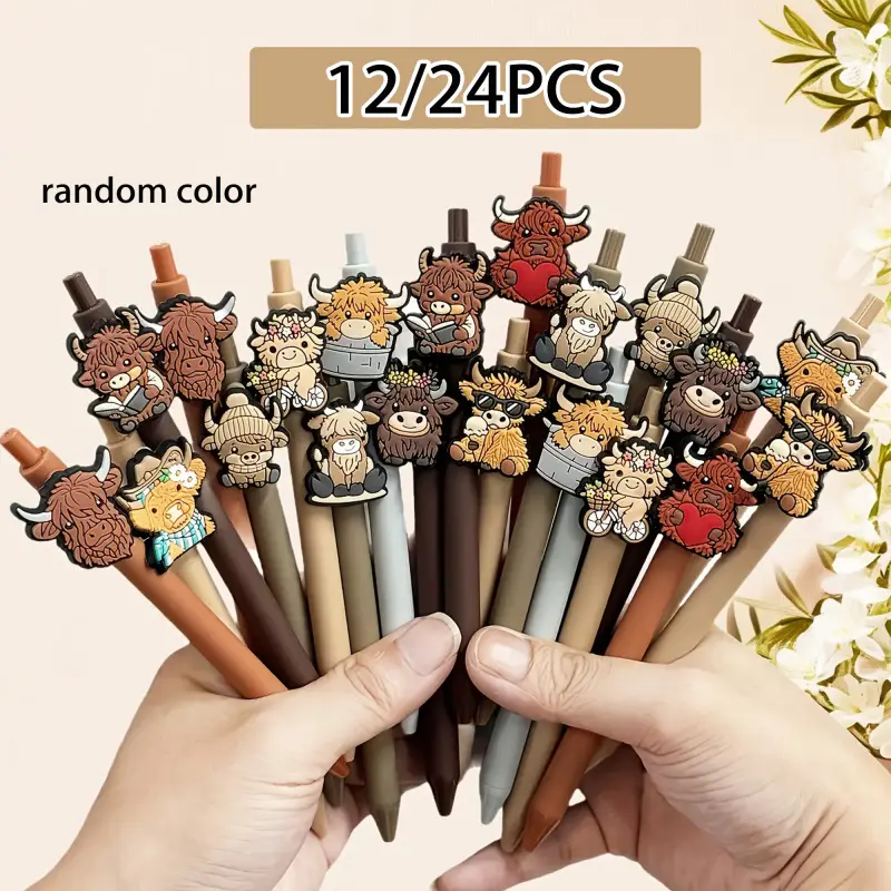 12/24pcs Cute Highland Cow Printed Pens, Writing Stationery | Black Ink Retractable Ballpoint Pen Set | Cartoon Highland Cow Gift Set for School, Home, Office | Holiday Gifts & Accessories for Colleagues Aesthetic Pens Teacher Pens Writing Tools
