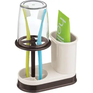 Plastic Toothpaste and Toothbrush Holder Center with Cup/Cover - Organizer for Bathroom Vanity Countertop - Holds Paste, Floss, Accessories - Cream/Bronze