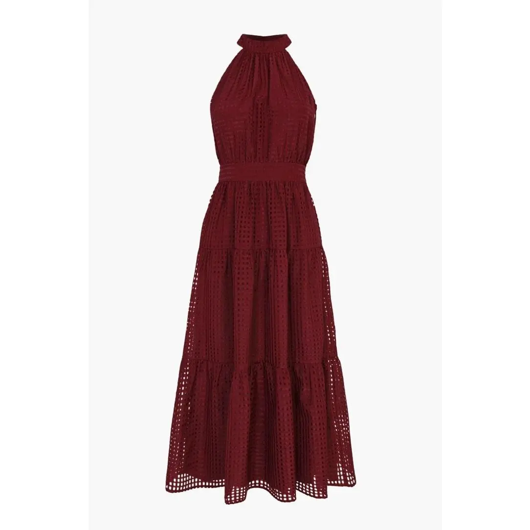 Burgundy Seersucker Halter Midi Dress - Tiered Sleeveless