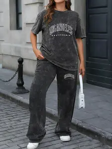 Spring Summer Sports Plus Size 2-Piece Set: Portrait Print, Tie-Dye Washed Vintage Short Sleeve T-Shirt & Wide Leg Pants, Women's Plus Size Activewear Jogging Outfit