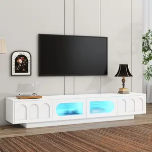 TV Stand with Fluted tempered Glass Doors for TVs Up to 95'', Functional Media Console with Arched Cabinet Doors, Entertainment Center with APP-Controlled LED Light for Living Room, White
