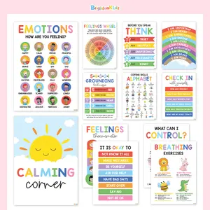 12 Calming Corner Classroom Posters,  10x14 Feelings Wheel & Emotions Charts For Kids, Calm Down Corner Supplies, Mental Health Wall Decor For Kids, Preschool, Teachers, Therapy & Counseling Offices
