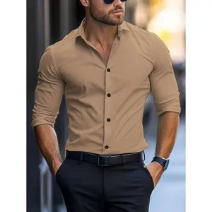 Manfinity Mode Men's Solid Color Long Sleeve Single-Breasted Casual Commuter Shirt