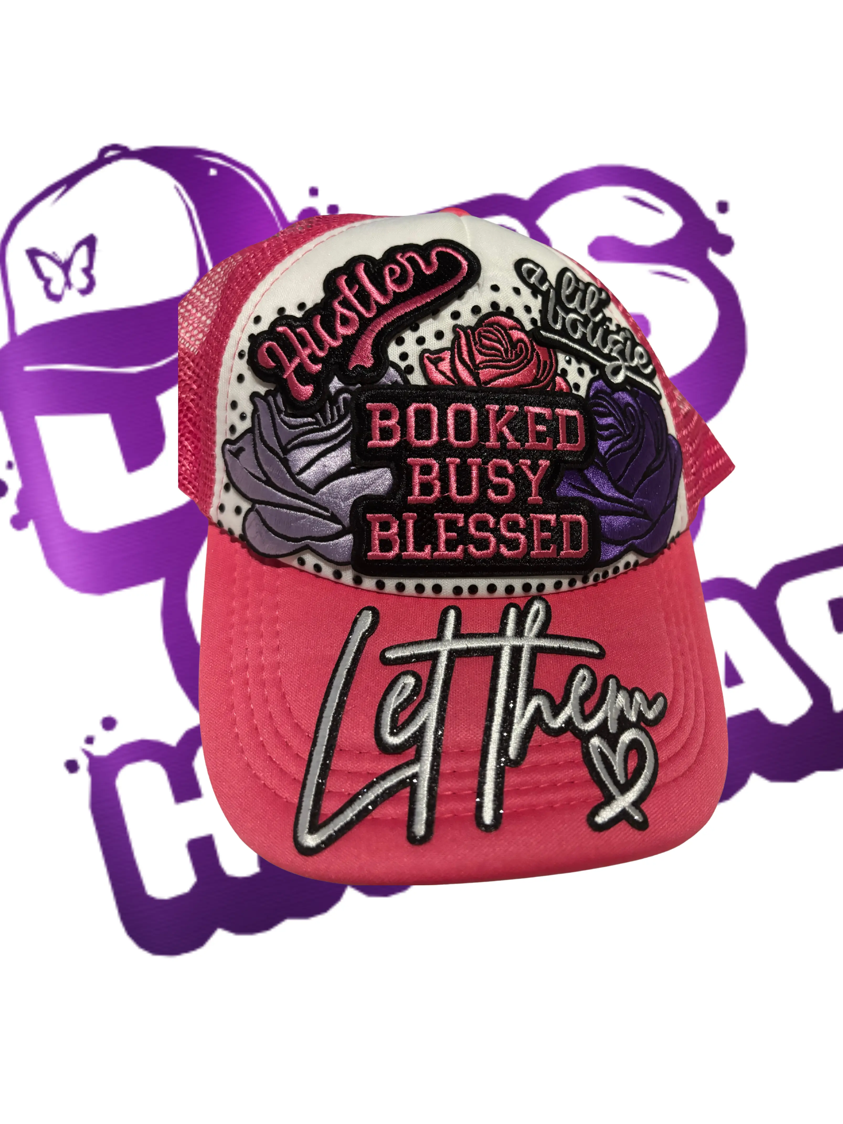 Let Them Boomer Busy and Blessed Pink Trucker Hat with Rose Embroidery and Hustler Text