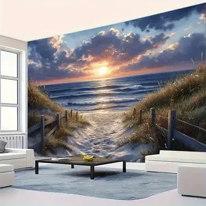 1pc Beach Sunset Coastal Wall Tapestry - Vibrant Blue & Brown Ocean Waves, Sandy Shore & Wooden Fence Design on Durable Polyester Fabric for Living Room, Bedroom, Party Decor - No Electricity Needed, Beach Theme Decor, Room Ambiance Enhancement, Scenic Ar