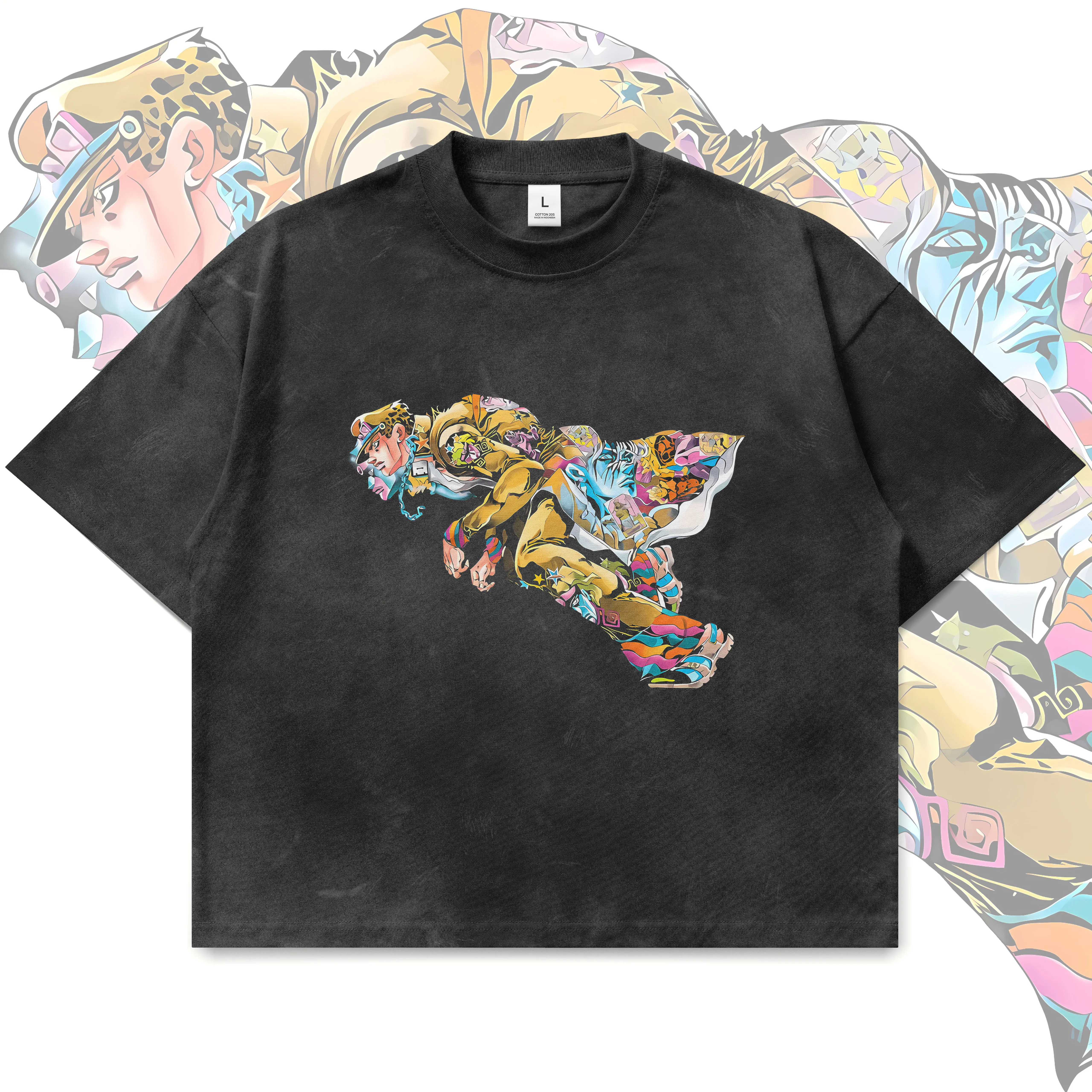 Men's Vintage Garment-Dyed Heavyweight 100% Cotton Oversized Baggy Round Neck Short-Sleeve T-Shirt, Jotaro Joestar Anime Graphic Print Menswear Top