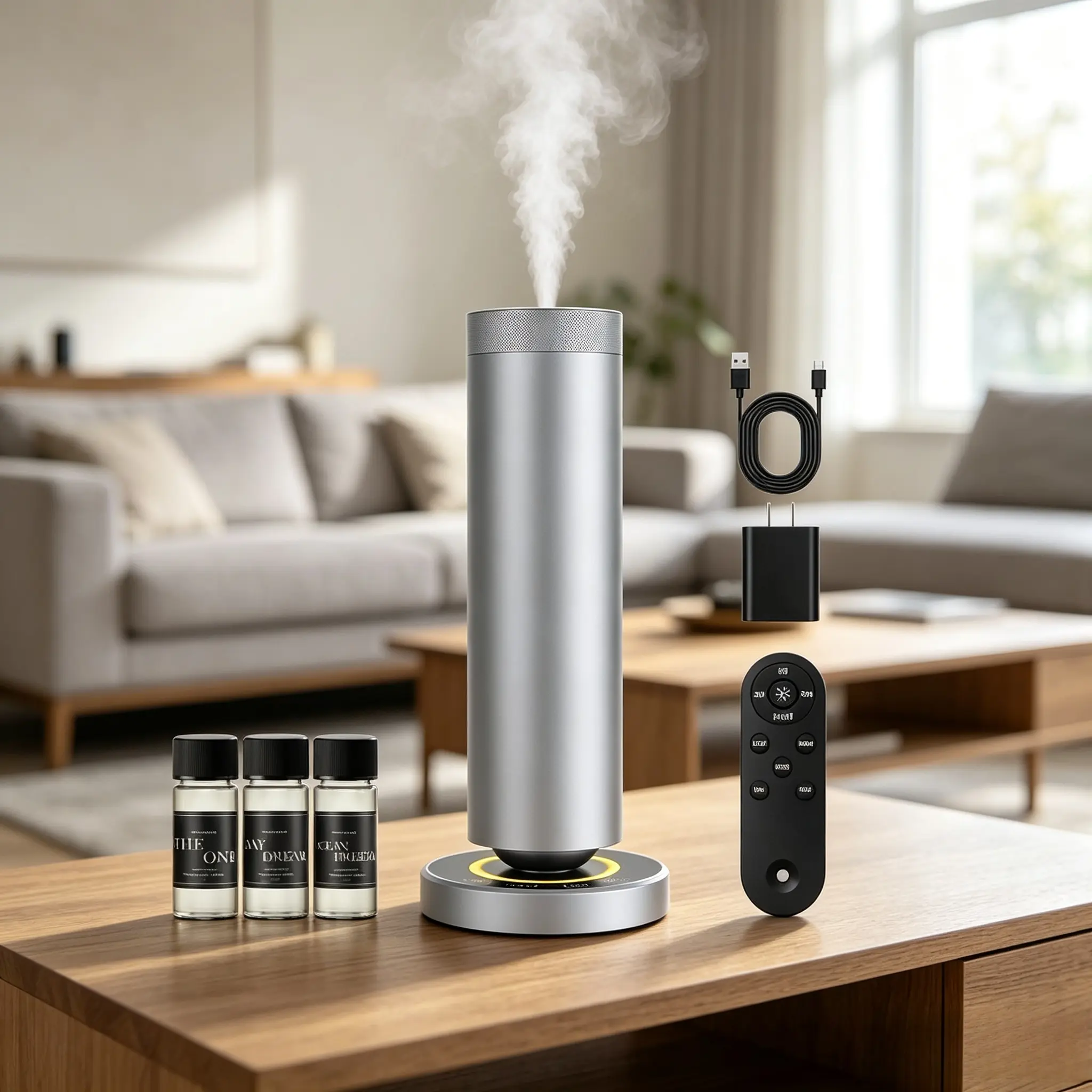 Silver Finish Cold Air Atomization Diffuser - 1000 sq ft Coverage, Water-Free Essential Oil Fragrance Machine, 3×20ML Perfume Oils Included, Adjustable Spray Timer, Night Light for Home Office