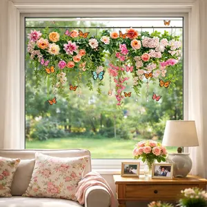Boho Floral Waterfall Window Cling, Removable Waterproof Glass Sticker, Cross-Border Best-Selling Butterfly Flower Decal, Decorative Sticker, Home Decor for Living Room & Shop Window