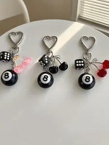 American Retro Y2k Style Black Eight Dice Cherry Pendant, Minimalist Heart Charm, A Combination Of Black Eight Billiard Ball And Cherry Charm, Suitable For Decorating Keys, Bags, Making It A Personalized Accessory For Going Out And Dating