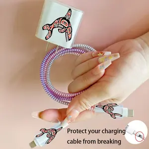 Gradient iPhone Charger & Cable Protective Set | Fits iPhone 17/16/15/14/13/12/11 Pro Max | 140cm Anti-Break Data Cord Guard + Charger Head Cover | Cute Floral Geometric Print | Heavy-Duty Protection for Charging Accessories
