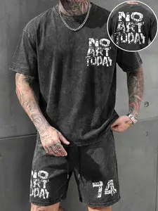 Men's Washed Vintage Round Neck Drawstring Short Sleeve Shorts Set, Casual Fitted Summer, All Seasons Wear