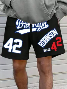Men's Brooklyn 42 Robinson Graphic Shorts, Retro Sports Streetwear, Casual Athletic Shorts with Drawstring, Fitted Sporty Style, Athleisure Shorts
