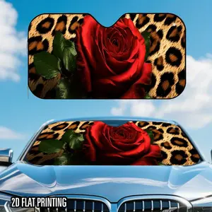 1pc 2D Flat Rose Leopard Print Car Sunshade, Car Window Shades - Foldable & Easy Installation, Keeps Car Cool, 4 Free Suction Cups, Fits Most Vehicles, Black & Brown Design with Red Roses, Car Windshield Sunshade