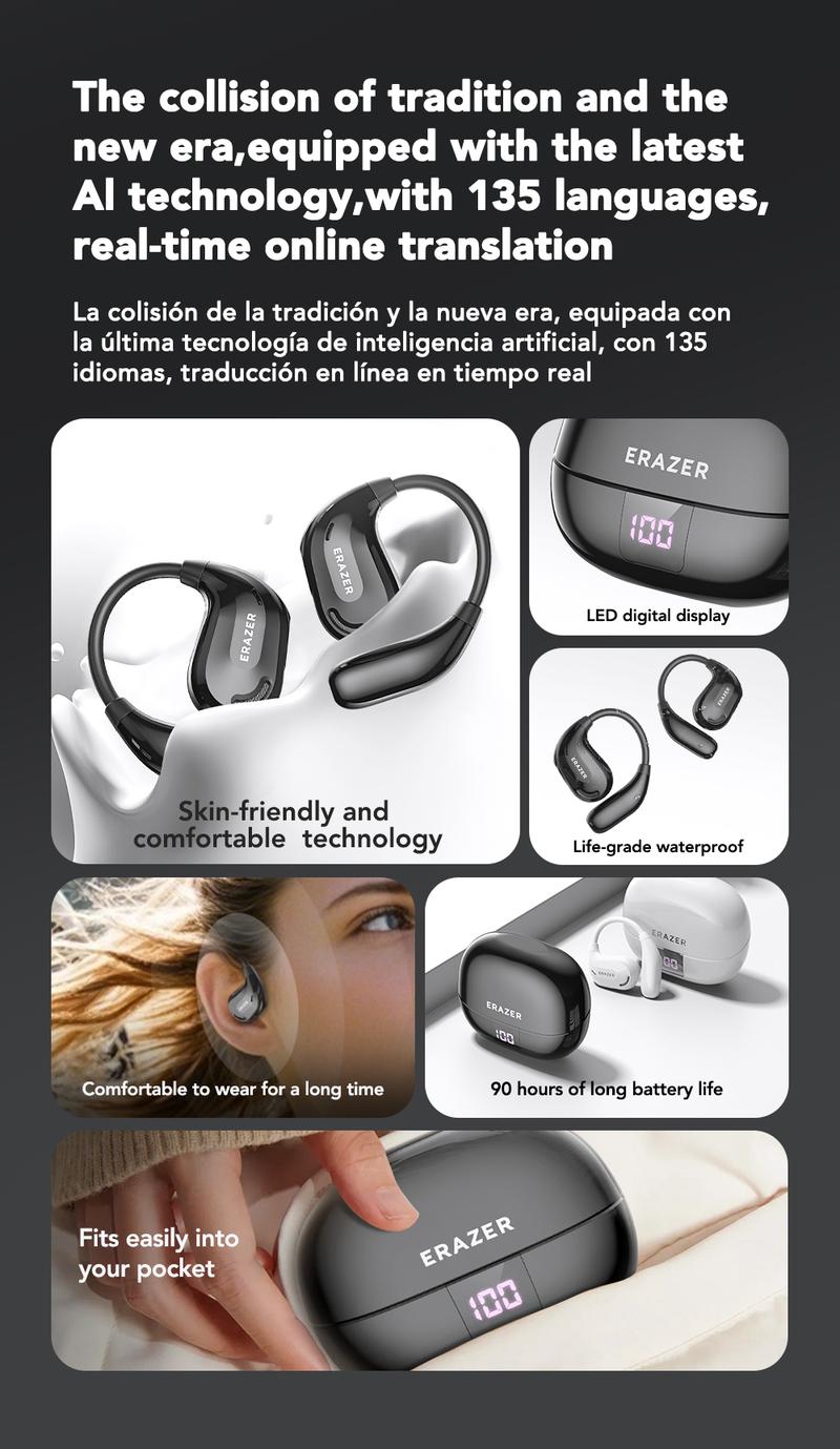 ERAZER XT66Pro OWS Translation Wireless Bluetooth Earphones Support 135 Languages Real Time Bluetooth Translation Earbuds HIFI Sound Quality Light-Weight Headphones Built-in Microphone Support Phone Calls Music AI Chat ERAZER XT66Pro OWS Translation Wireless Bluetooth Earphones Support 135 Languages Real Time Bluetooth Translation Earbuds HIFI Sound Quality Light-Weight Headphones Built-in Microphone Support Phone Calls Music AI Chat