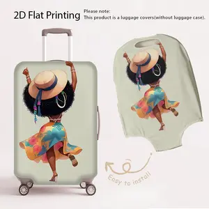 2D flat printed luggage protection cover, Travel Essentials, featuring a black haired woman dancing with a straw hat, bright tropical colors, suitable for various inch luggage (luggage not included)