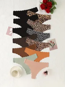 Women's Solid/Leopard Print Scallop Trim Seamless Knitting Thong, Casual Comfy Fitted Breathable Panty, Underwear for Women, Summer Knicker, Underwear for All Seasons, Breathable Seamless Panties, Nylon