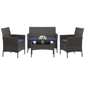 4-Piece Patio Furniture Set, Modern PE Rattan Conversation Set with 2 Chairs, Loveseat & Tempered Glass Coffee Table, All-Weather Outdoor Seating for Garden, Porch, Balcony, Poolside