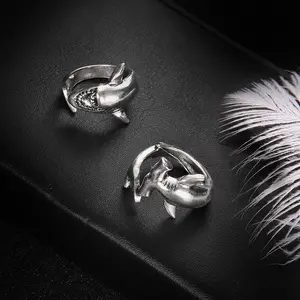 Two-piece Simulation Alien Silver Shark Open Ring  Couple Jewelry