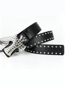 Unisex Gothic Cross Studded PU Leather Belt, Vintage Hollow Carved Metal Buckle, Celestial Accents, Stylish Waist Belt for Men and Women