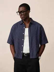 Men's Navy Blue Striped Short Sleeve Button Down Shirt Relaxed Fit Cuban Collar Casual Summer Breathable Lightweight Tops for Daily Wear Office Business Casual Vacation Outfits Men's Fashion #springsaledeals2026 #summeroutfits #menshirts #casualwear