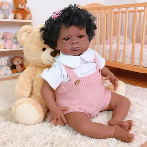 20" Realistic Weighted Reborn Baby Doll – Awake Black Girl with Rooted Curly Hair & Brown Eyes, Handmade Vinyl Collectible Doll with Pink Romper, Accessories & Box – Black Growing Dolls Collection