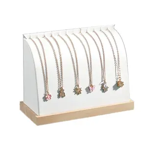 Cambered Wooden Leather Soft Mat Multiple Necklace Display Stand Necklace Chains Organizer Holder for Home (White)