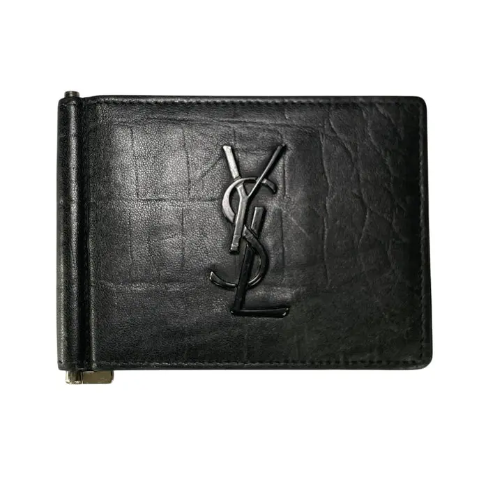 Pre-owned Yves Saint Laurent Leather Small Leather Goods YSL Mens Black Croc Embossed Clip Cash Card Bi Fold Wallet