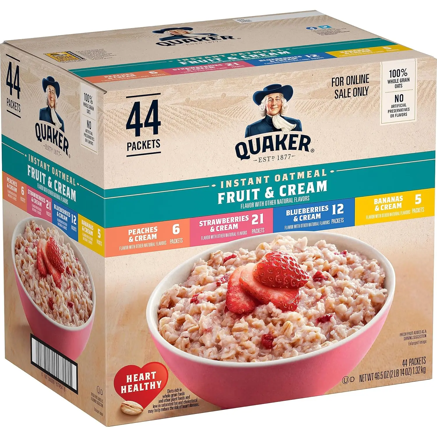 Instant Oatmeal Fruit & Cream Variety Pack, Single Serve Packets, (44 Pack)