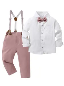Boy Clothes Suit, Formal Dress Shirt with Bowtie+Suspender Pants Big Kid Gentleman Wedding Outfits 6-10 Years suspender pant