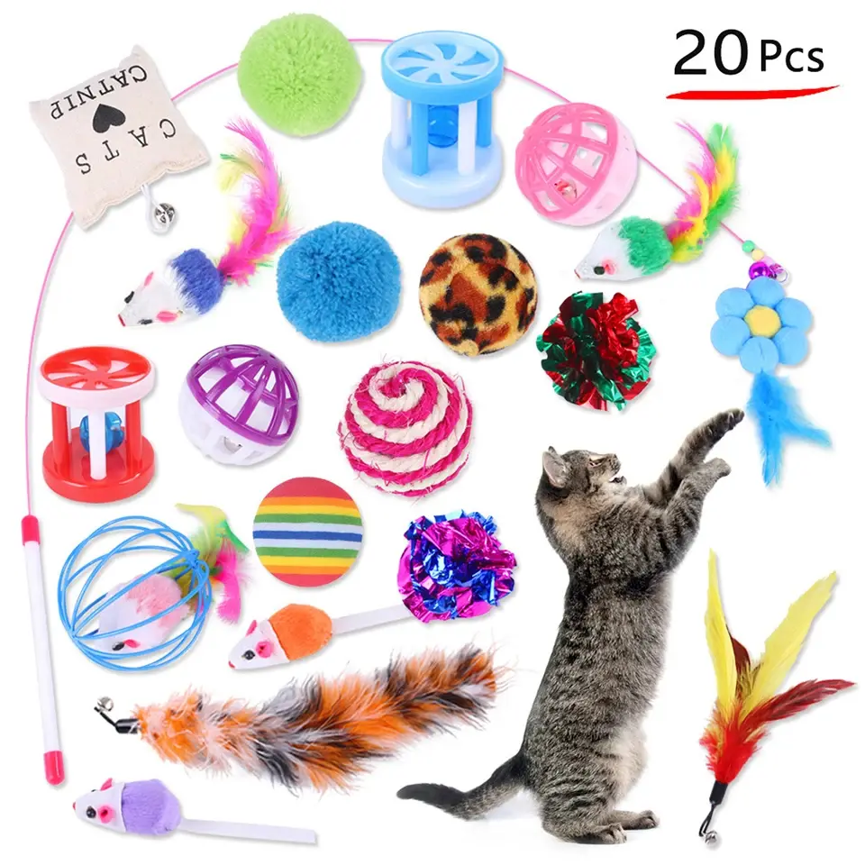 20 Piece Cat Toy Variety Pack Interactive Kitten Toys with Feather Wand Mice Balls and Spring Toys
