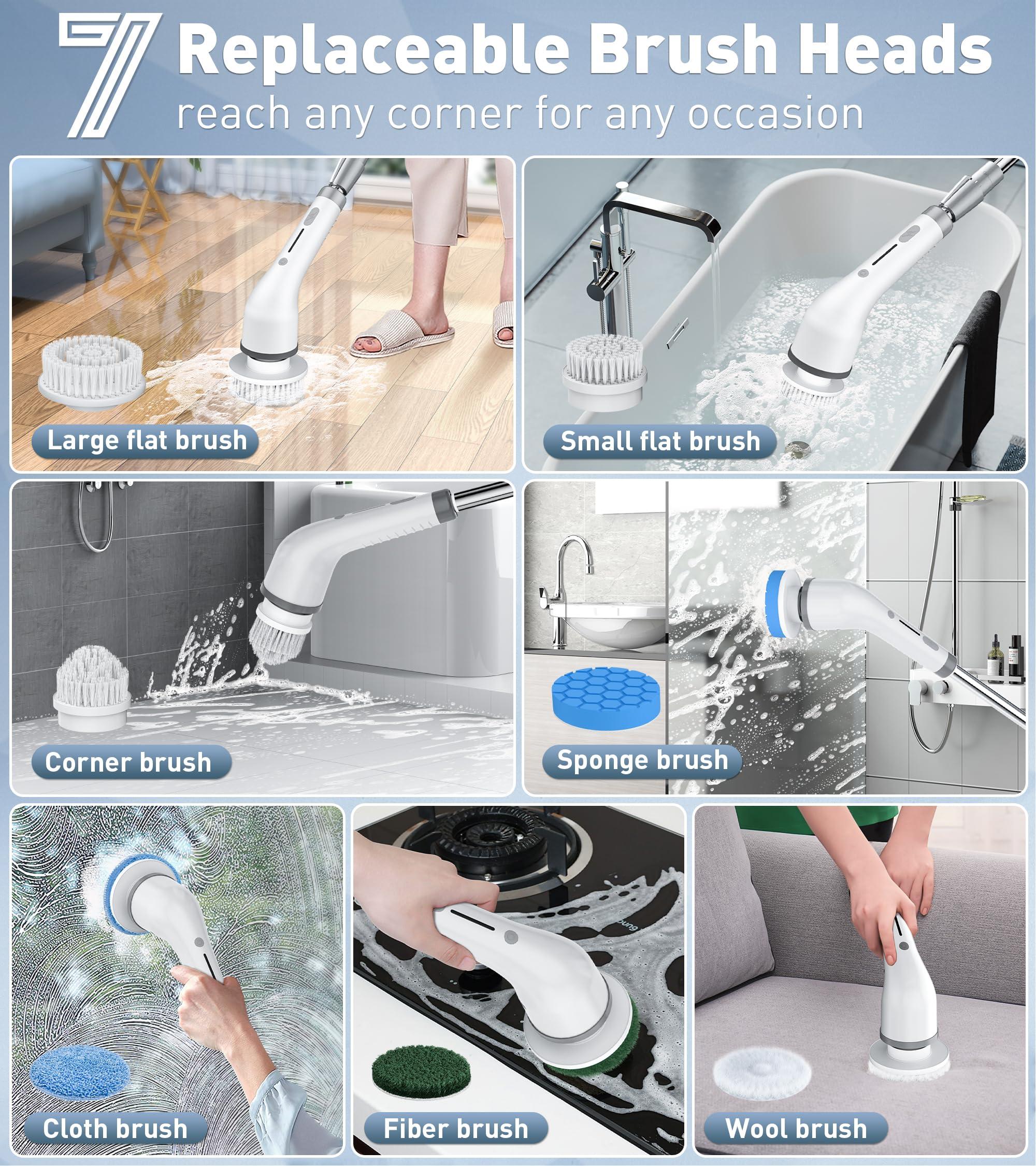 （Limited Time ) Upgraded Cordless Electric Spin Scrubber Bathroom Cleaning Set with 8 Replaceable Brush Heads, 3-Level Adjustable Extension Handle, Dual Speed and IPX7 Waterproof, Ideal for Bathroom, Kitchen, Toilet, Window, Pool and Car Cleaning