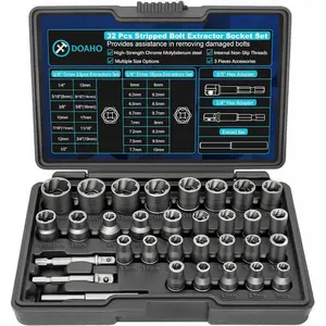 32Pcs Bolt Extractor Socket Set,Stripped Nut & Lug Removal Kit with 1/4" & 3/8" Drive - Rounded Bolt Remover for Removing Damaged Frozen Rusted Bolts Nuts and Screws