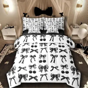 Cherry Bow Comforter Set with Sheets,Black and White Bow Tie 7-Piece Bedding Set,Silk Ribbon Bowknot Bed in a Bag,Dreamy Princess Room Decor,Girly Cute Room Decor Aesthetic Kawaii
