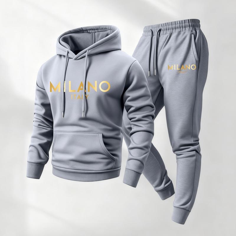 Men's Golden Milano Printed Hoodie and Drawstring Sweatpants Set, Menswear, Casual Athletic Long Sleeve Hooded Jacket & Trousers for Fall & Winter, Men's Clothing for Daily Wear, Sportswear Indoor Outdoor, Tracksuit, Athleisure Summer Clothes
