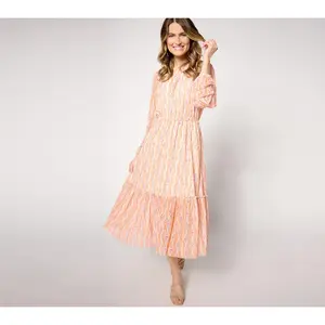 Denim & Co. Canyon Retreat Printed Mesh Ruffle Detail Midi Dress