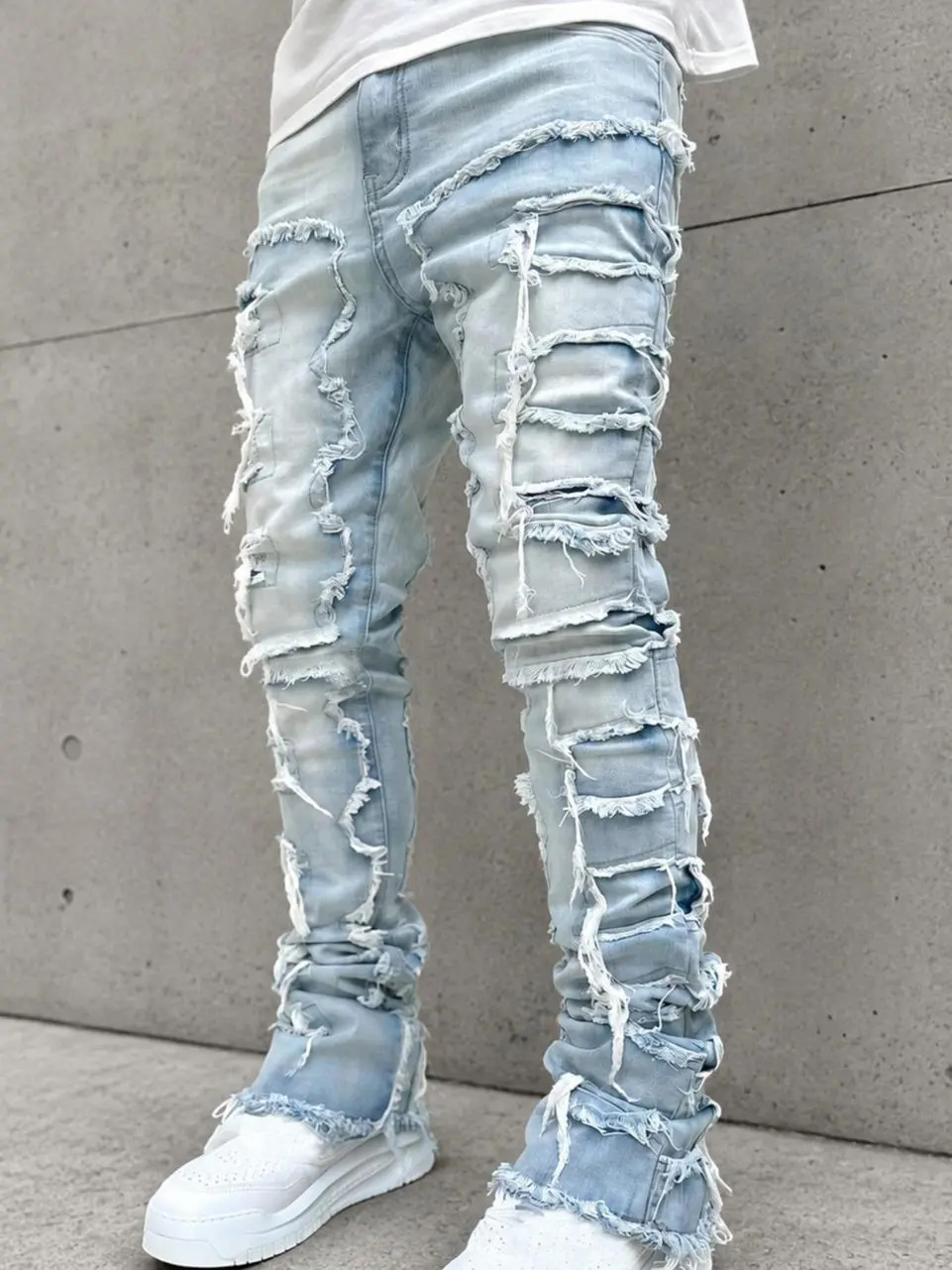 Men’s Washed Stretch Denim Jeans, Distressed Patchwork Stacked Flare Pants, Vintage Streetwear Textured Jeans for Casual Daily Wear and Photoshoots Menswear Beige