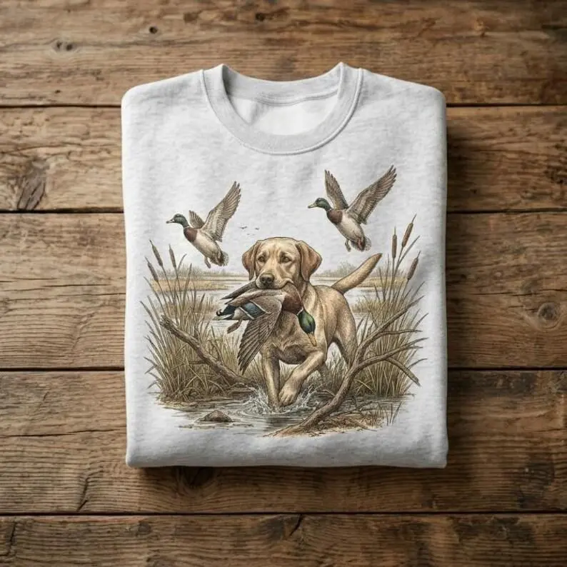 Vintage Yellow Lab Shirt Waterfowl Hunt Sweatshirt Retro Labrador Retrieve Graphic Hoodie Marsh Wildlife Nature Art Unisex Tee  For Hunter