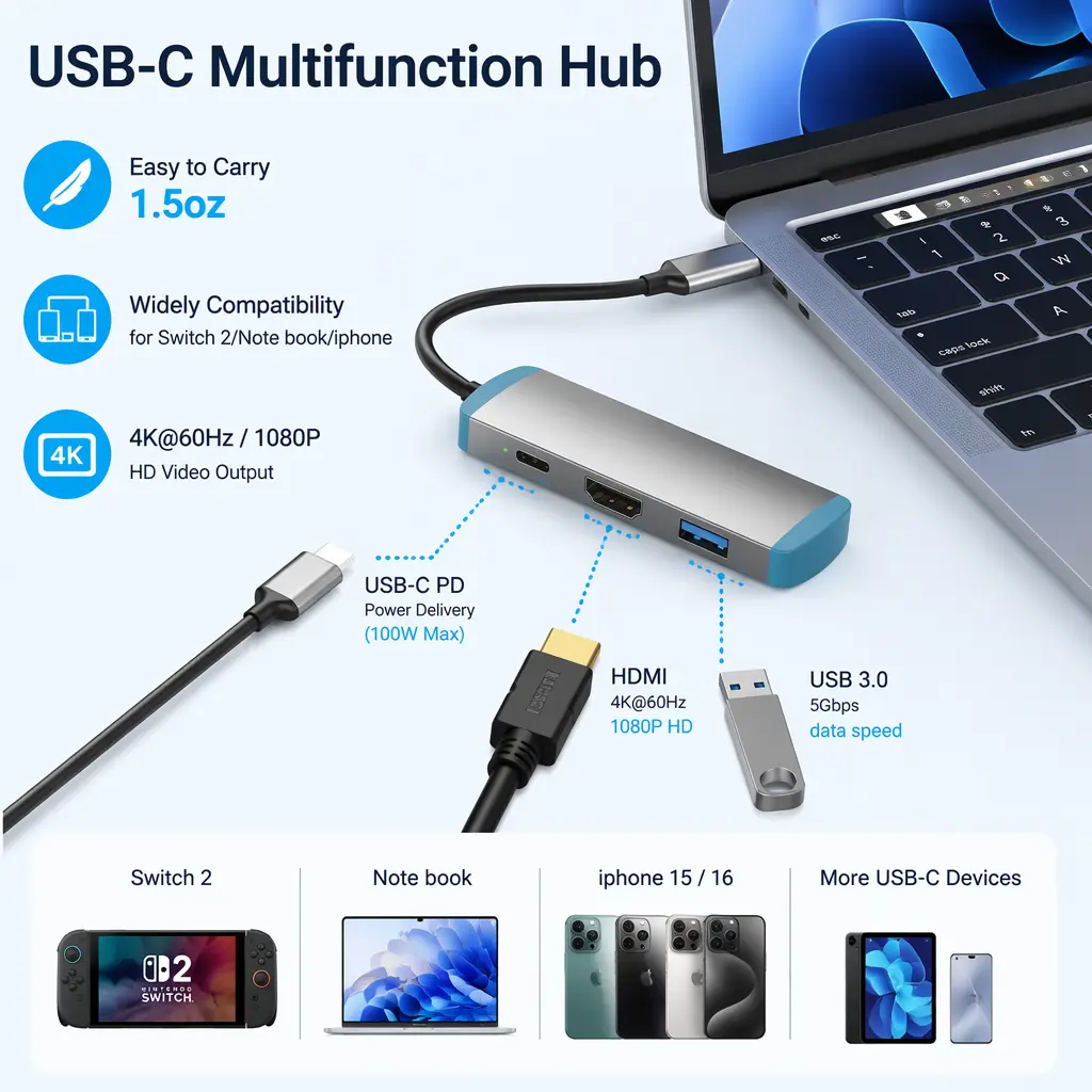 RUNTOGOL Portable USB-C to HDMI Adapter Docking Station - Official TV Dock Replacement (4K@60Hz HDMI, 100W PD, USB 3.0 Ports, 45g) for Switch 2, Switch OLED, Steam Deck OLED, Surface, iPad, PC TV Display Switch Accessories